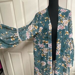 Floral Open-Front Robe in Teal